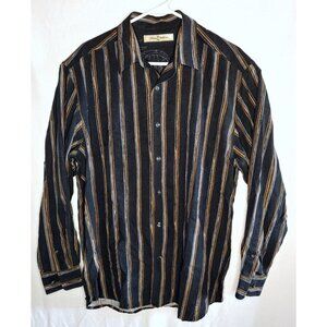 Tommy Bahama Button Up Long Sleeve Shirt - Black/Tan Stipe Silk - Mens Large